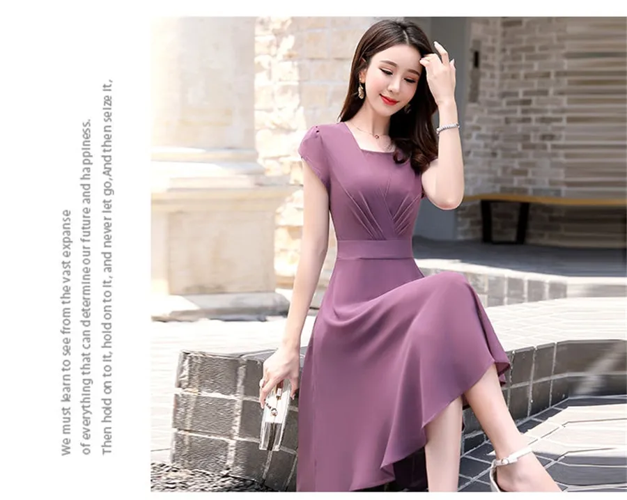 Slim Waist Women Chiffon Dress Women Solid Short Sleeve Dress Temperament  Tunics Bodycon Dresses Korean Fashion O-Neck Clothes | Daraz.com.bd