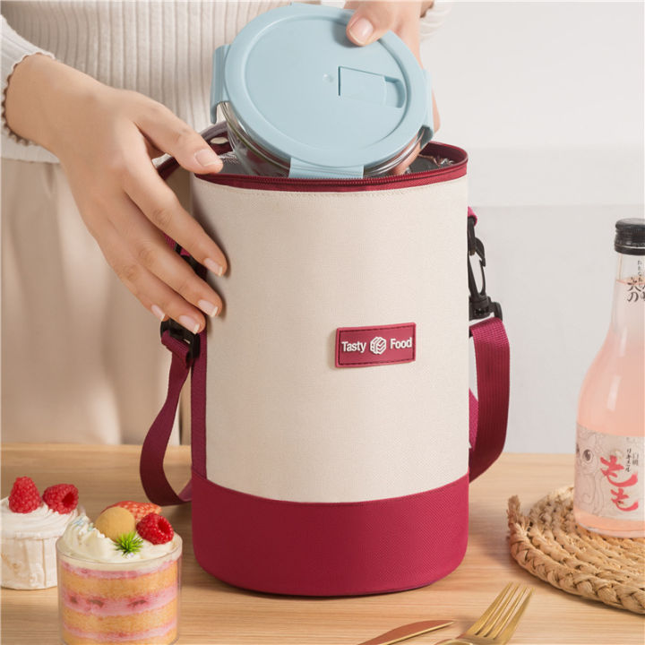 New cylindrical insulated bag shoulder strap round multi-layer lunch box bag for office workers going to school hand-held crossbody bento bag