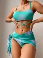 【Top Picks】 Sleep women 3 Pieces Ombre Lace Up Swimsuit Beach Skirt Swimwear Women 2023 Bathing Swimming Swim Suit Female Summer Beachwear. 