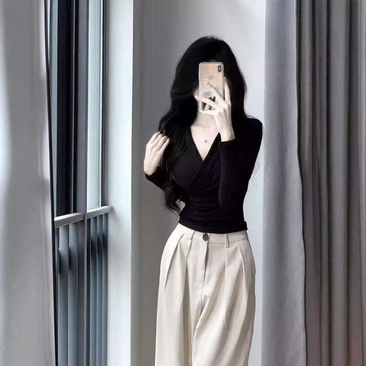 Design%20sense%20pinch%20waist%20V%20neck%20cross%20long%20sleeved%20T%20shirt%20for%20women's%20spring%20and%20summer%20slim%20fit%20inner%20layer%20thin%20base%20shirt%20spicy%20girl%20pure%20desire%20top%20-%20Image%203