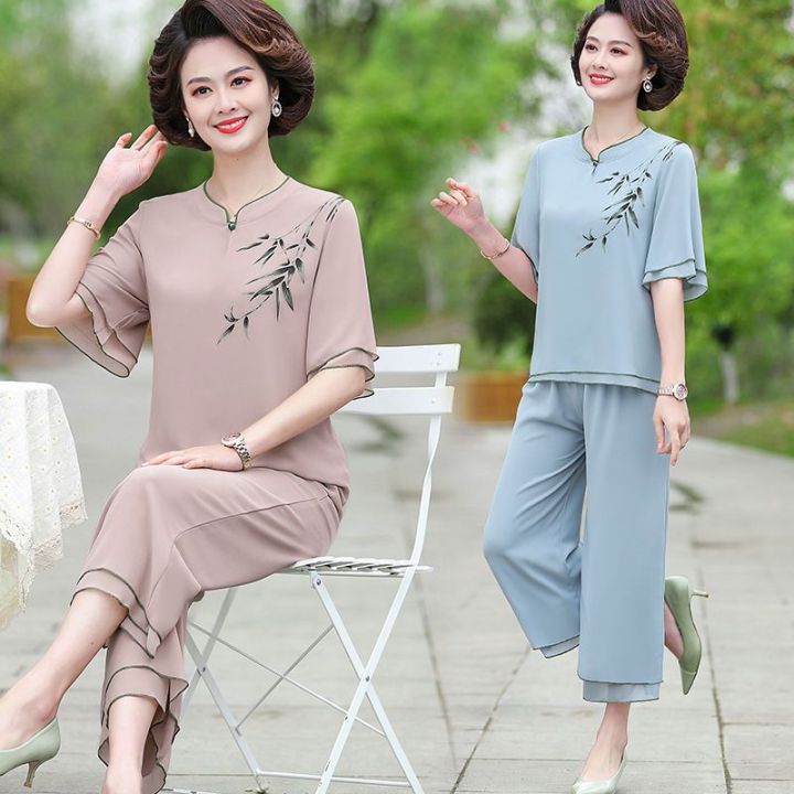 Middle-Aged%20and%20Elderly%20Women's%20Summer%20Mom%20Suit%20Western%20Style%20plus%20Size%20Wide%20Lady%20Temperament%20Short%20Sleeve%20Casual%20Chiffon%20Two-Piece%20Thin%20-%20Image%205