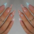 24pcs Almond French Red Love Heart False Nails Blue White Flowers Stiletto Nials Press On Nails Manicure Nail Tips. 