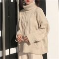 Autumn and Winter Korean Style Loose High Collar Cable-Knit Pullover Sweater Women's Thicken Lazy Style Knitwear Sweater Coat. 