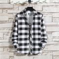 Japanese vintage black and white plaid shirt men's long sleeve korean version trendy student spring and autumn handsome casual shirt jacket.