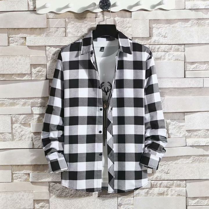 Japanese vintage black and white plaid shirt men's long sleeve korean version trendy student spring and autumn handsome casual shirt jacket