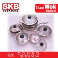 SKB SuS304 Food grade Stainless steel 3 Layer Wok With Glass Lid. 