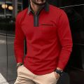 New patchwork zipper lapel fashionable casual men's long sleeved T-shirt Polo hot selling men's top clothing.