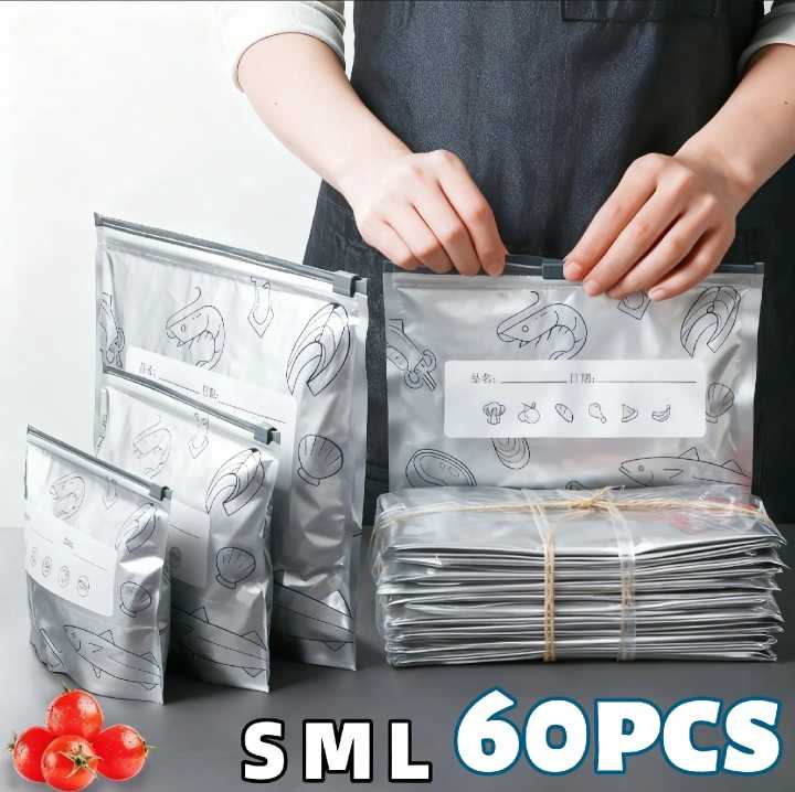 10/60pcs Frozen Food Packaging Pouches Aluminum Foil Ziplock Freezer Bags for Meat Sea Food Fish Chicken Vegetable Fruit