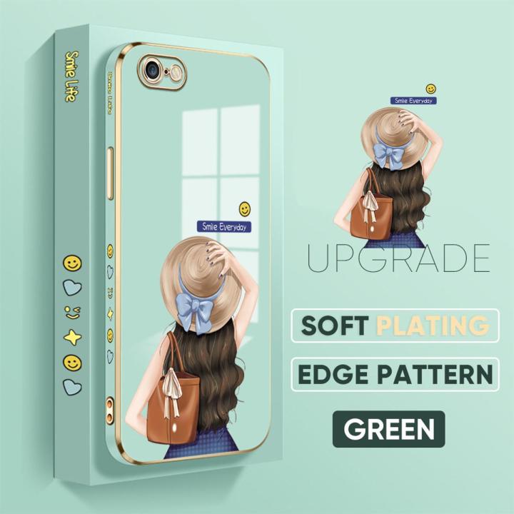 Jizetin (Free Lanyard) for iPhone 6 / 6S Back Cover Girl In Hat Luxury 6D Plating Case Side Pattern Soft Silicone Square Mobile Phone Cases
