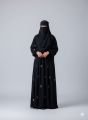 Black Abaya with Large Abstract White Floral/Swirl Embroidery. 