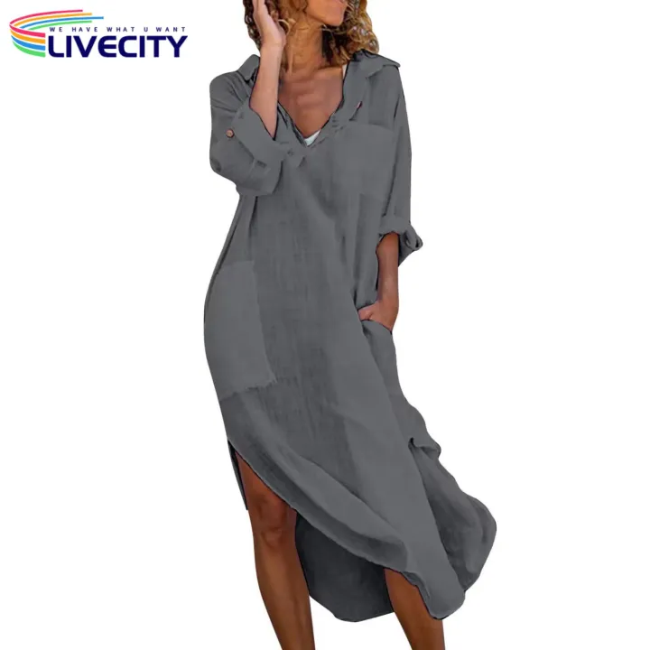 Women%20Midi%20Dress%20Summer%20V-neck%20Shirt%20Dress%20with%20Pockets%20Side%20Split%20Perfect%20for%20Beach%20Holidays%20less%20Than%20Women%20Side%20Slit%20Hem%20Dress%20-%20Image%202