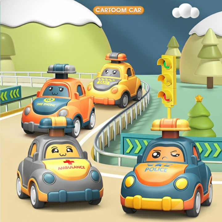 【Krystal】Baby Cartoon Press Go Car Set, Pull Back Toy for 1+ Years, Safe ABS, Early Learning Fun