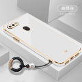 For OPPO A5s Back Cover with Non-Slip Rope Pull Ring Shiny Plating Square Bumper Protective Case Camera Lens Protection Soft Silicone Shockproof Mobile Phone Cases.