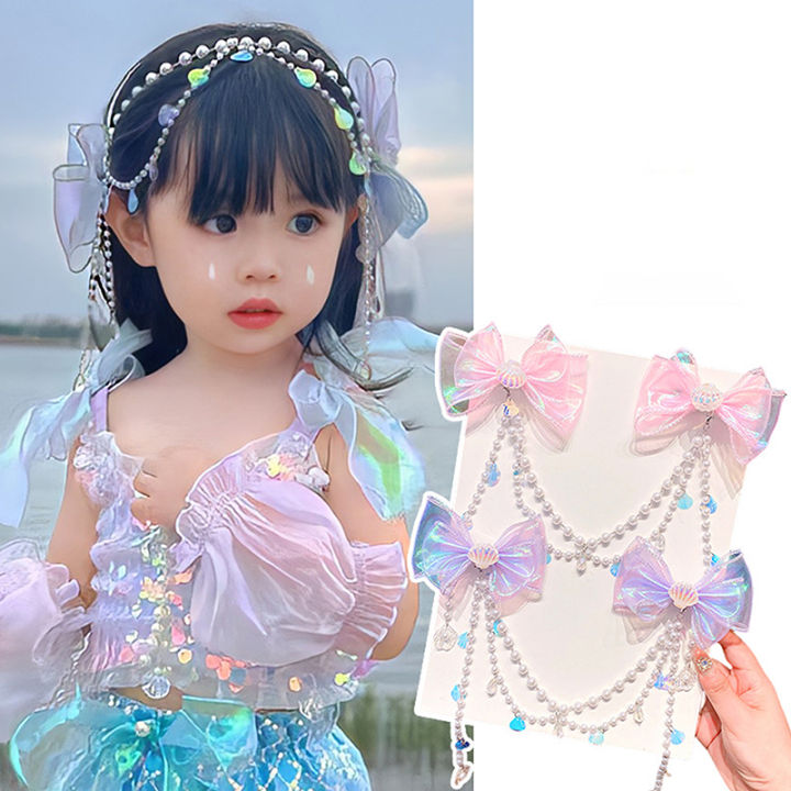 Children Baby Mermaid Princess Pearl Butterfly Fringe Bow Forehead Chain Hairpin Fairy Hair Accessories Cartoon Girls Hair Clip Bayline
