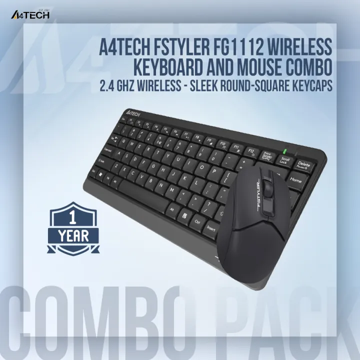 A4TECH Fstyler FG1112 Wireless Keyboard And Mouse Combo - 2.4 GHz Wireless - Sleek Round-Square Keycaps - 1200 DPI - Black