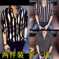 Online Red VIP Shirt Social Casual Korean Style Trend Hair Stylist Striped Pullover Shirt. 