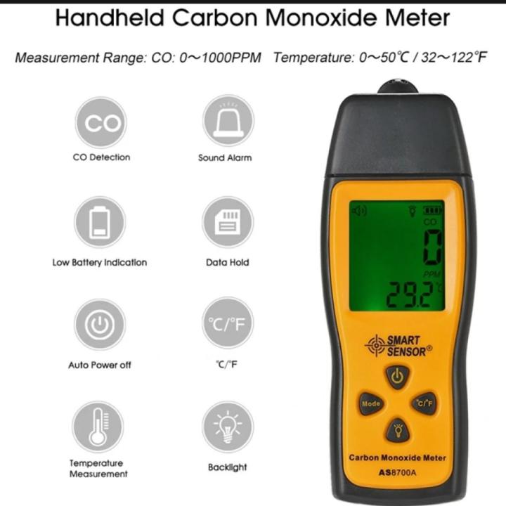 Carbon Monoxide Meter Gas Analyzer Smart Sensor AS8700A 1~1000 PPM CO Fas leak Detector