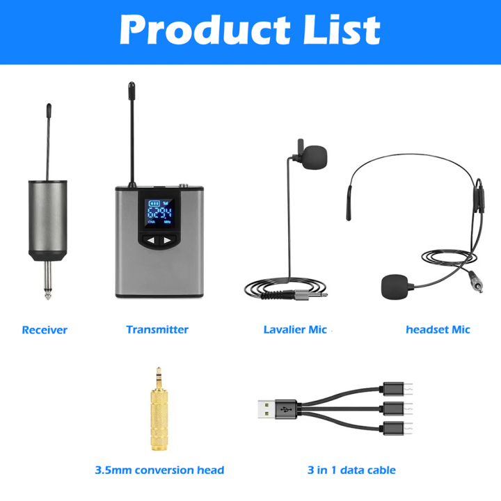 BOMGE%20Dual%20Wireless%20Microphone%20System%20Headset%20Mic/Stand%20Mic/Lavalier%20Lapel%20Mic%20with%20Rechargeable%20Bodypack%20Transmitter%20&%20Receiver%201/4"%20Output%20for%20iPhone,%20PA%20Speaker,%20DSLR%20Camera,%20Recording,%20Teaching%20-%20Image%203