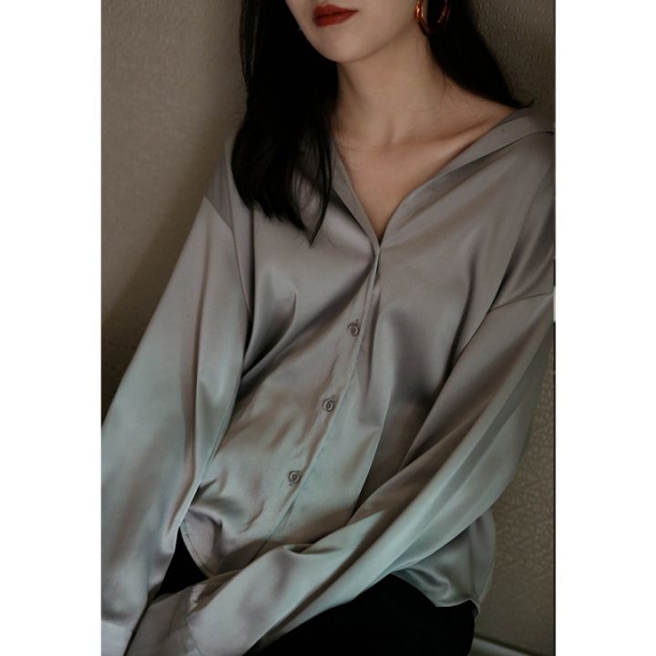 White%20Shirt%20Women's%20Design%20Sense%20Xiaozhong%20Fu%20Gugang%20Style%20Top%20Draping%20Shirt%20Mercerizing%20Satin%20Surface%20Loose%20Korean%20Style%20Professional%20-%20Image%202
