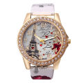 Trendy Women rhinestone Eiffel Tower PU leather quartz Watch.