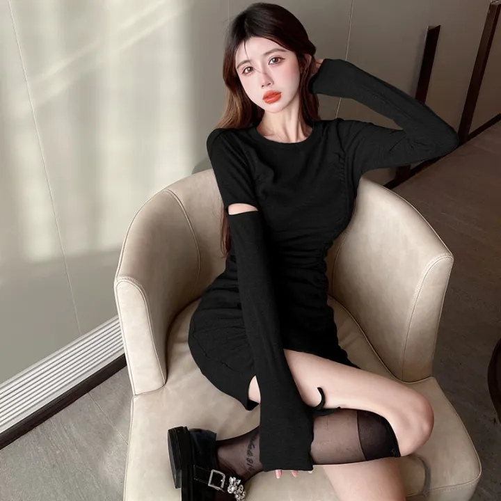 Fashion%20Drawstring%20Pleated%20Design%20Autumn%20Temperament%20Street%20Style%20Solid%20Color%20Tight-Fitting%20Dress%20Long-Sleeved%20-%20Image%202