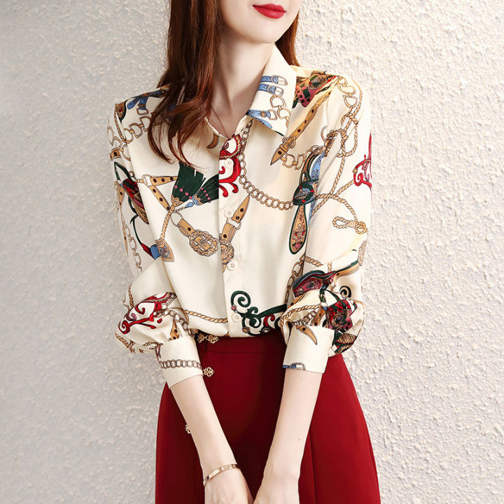 Chiffon Shirt Design Sense Niche New Style Printed Spring and Autumn Long Sleeve Shirt Korean Style Fashion Loose Temperament Top