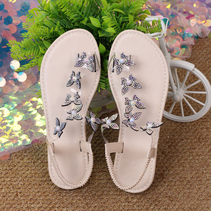 European and American foreign trade plus size rhinestone butterfly lassoe sandals women's new flat beach sandals manufacturers in the summer of 2024