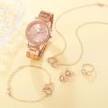 6PCS Set Rose Gold Luxury Watch Women Ring Necklace Earring Rhinestone Fashion Wristwatch Casual Ladies Bracelet Watches. 