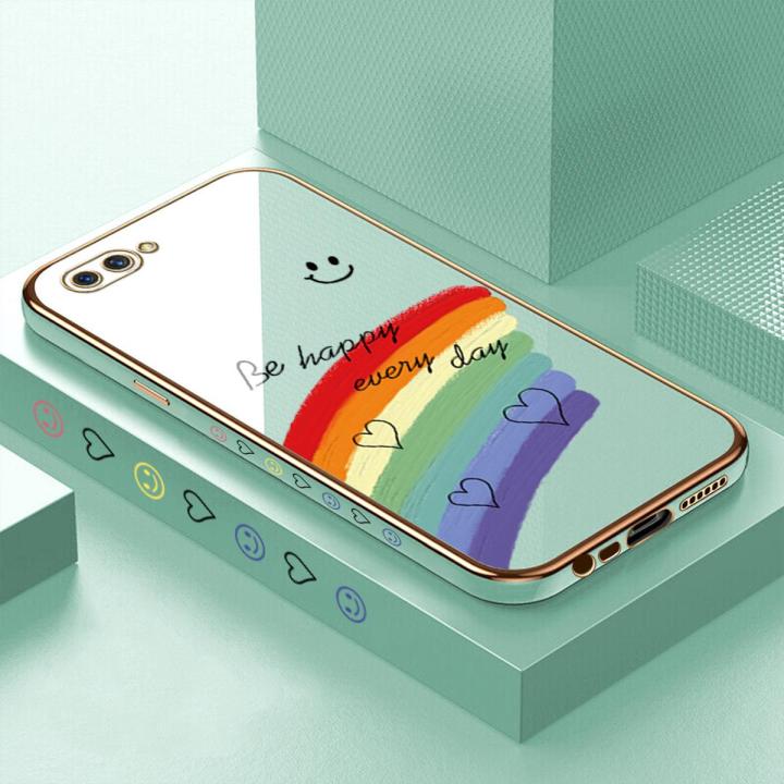 Luxury 6D Plating Case for OPPO A3S Smile Rainbow Lover Heart Side Pattern  Back Cover Soft Silicone Square Frame Shiny Bling Phone Cases Free