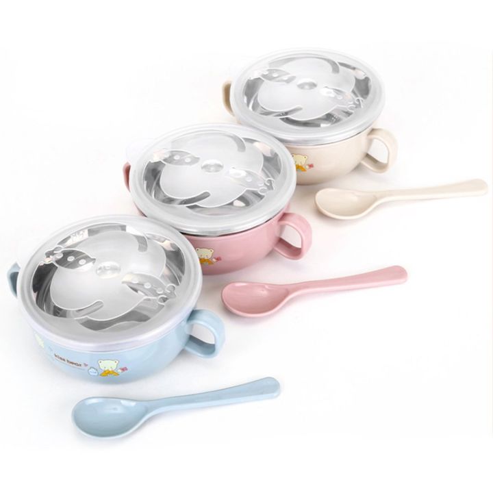 Baby Feeding Bowl with Lids Stainless Steel Insulated Bowl Spoon Set Children Tableware Cartoon Printed Easy To Clean Children Food Bowl