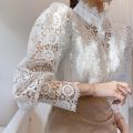 Chic Button Hollow Out Flower Lace Patchwork Shirt Stand Collar All-match Femme Blusas Petal Sleeve Women Blouses 12419.