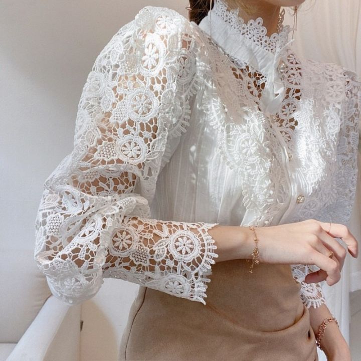 Chic%20Button%20Hollow%20Out%20Flower%20Lace%20Patchwork%20Shirt%20Stand%20Collar%20All-match%20Femme%20Blusas%20Petal%20Sleeve%20Women%20Blouses%2012419%20-%20Image%206
