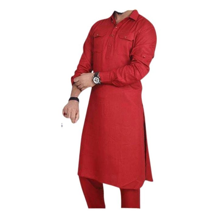 Stylized%20%20Cotton%20Red%20Color%20Semi%20Long%20Kabli%20Set%20%20for%20Men%20-%20Image%203