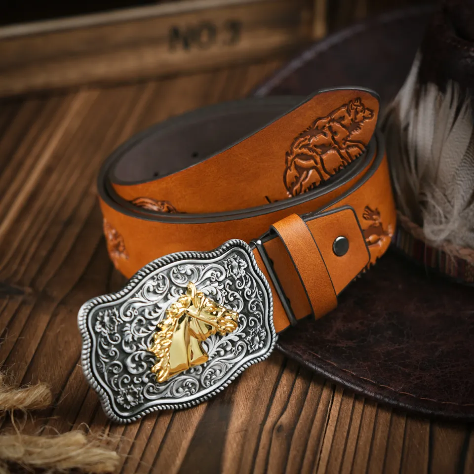 Western Cowboy Leather Buckle Belts Horse Pattern Floral Engraved