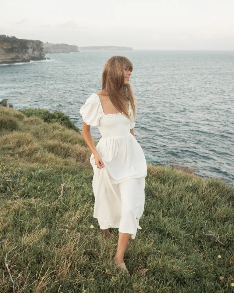 Women's Flowy Square Neck Midi Dress - Smocked Bodice White Summer Dress With Flutter Sleeves