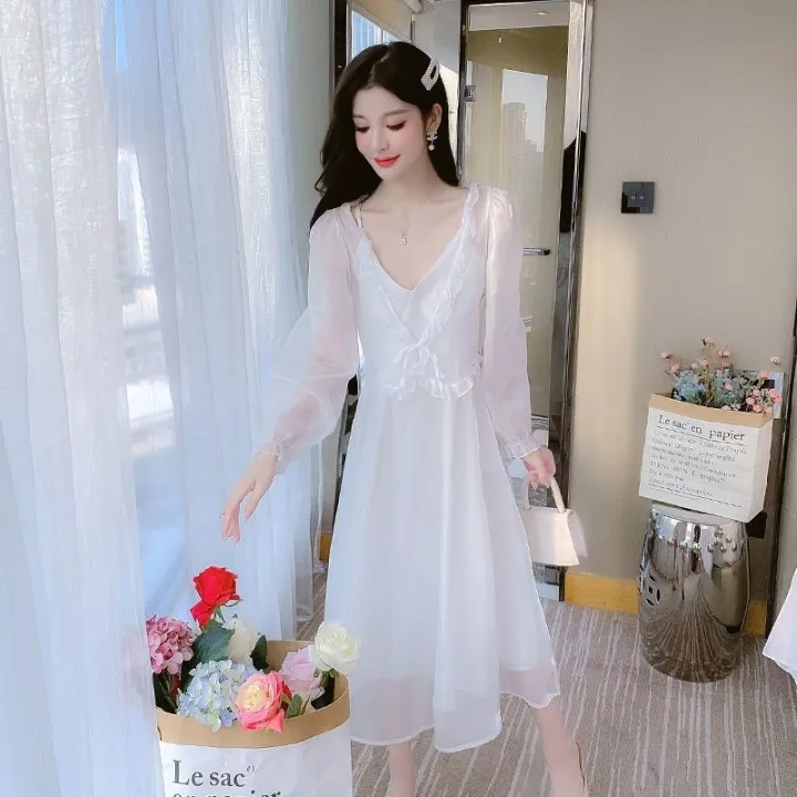 White%20Moonlight%20Cinnabar%20Mole%202022%20Amoi%20Glossy%20Silk%20Temperament%20Slimming%20Youthful-Looking%20Overall%20Dress%20Set%20Super%20Fairy%20Dress%20-%20Image%202