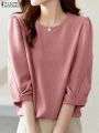 Autumn Spring Women Blouses 2023 ZANZEA Solid Tops 3/4 Sleeved Office O-Neck Shirts Blusas Casual Streetwear Female Tunic House Foocus. 