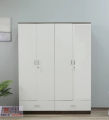 Frosty White Mirage 4-Door Wardrobe,Partex MDF Laminated Board Almirah with clothes storage hanger shelf and 1 lock cabinet, 2 large Drawer for multipurpose use Cloths storage box shelve almira, Nice shop 4 Part Wardrobes Almirah72/48.