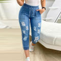 Sunnyheart Capri Denim Pants Washable Skinny Ripped Holes Capri Denim Pants. 