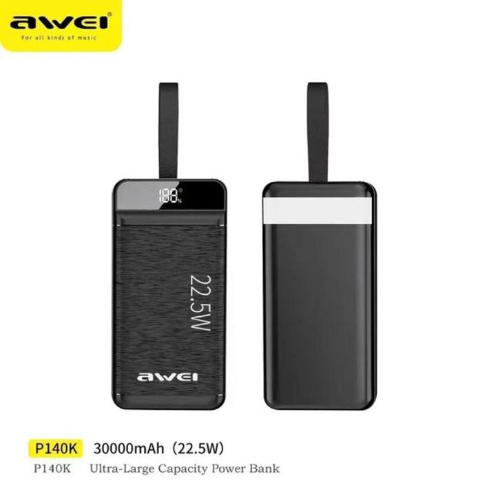 Awei P140K 30000mAh Power Bank Digital Display 22.5W Fast Charge Powerbank External Battery Type C USB For Xiaomi iPhone