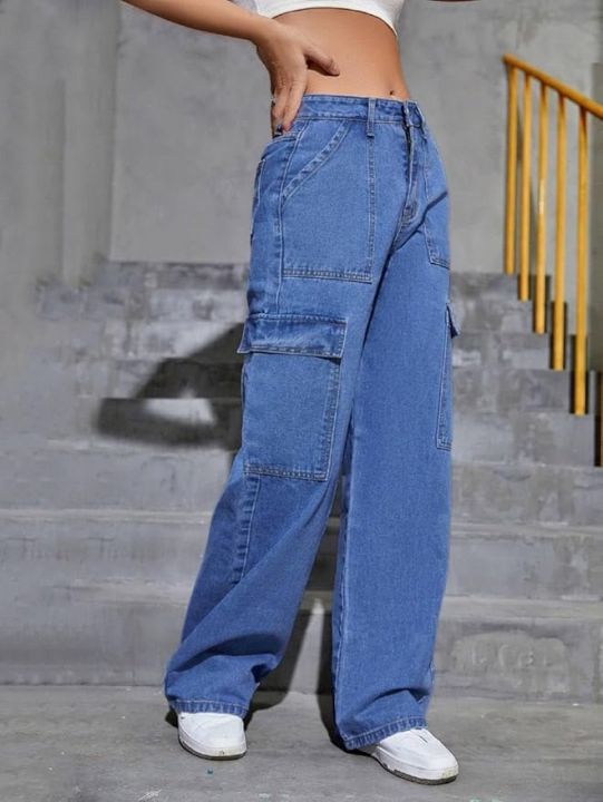 Verbalstyle Women Trendy Cargo Bell Bottom 6 Pocket Jeans .Trendy Cargo Bell Bottom Jeans for Women & Girls
