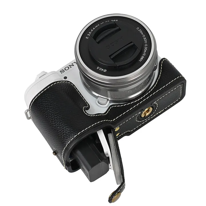 Palm%20Print%20PU%20Leather%20Camera%20Half%20Body%20Case%20For%20Sony%20ZV-E10%20ZVE10%20Battery%20Opening%20Bottom%20Cover%20With%20Hand%20Strap%20-%20Image%203