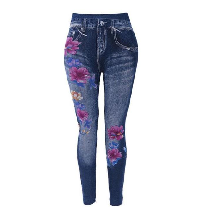 Slim Women Leggings Floral Print Pencil Faux Denim Jeans Casual Leggings S-3XL