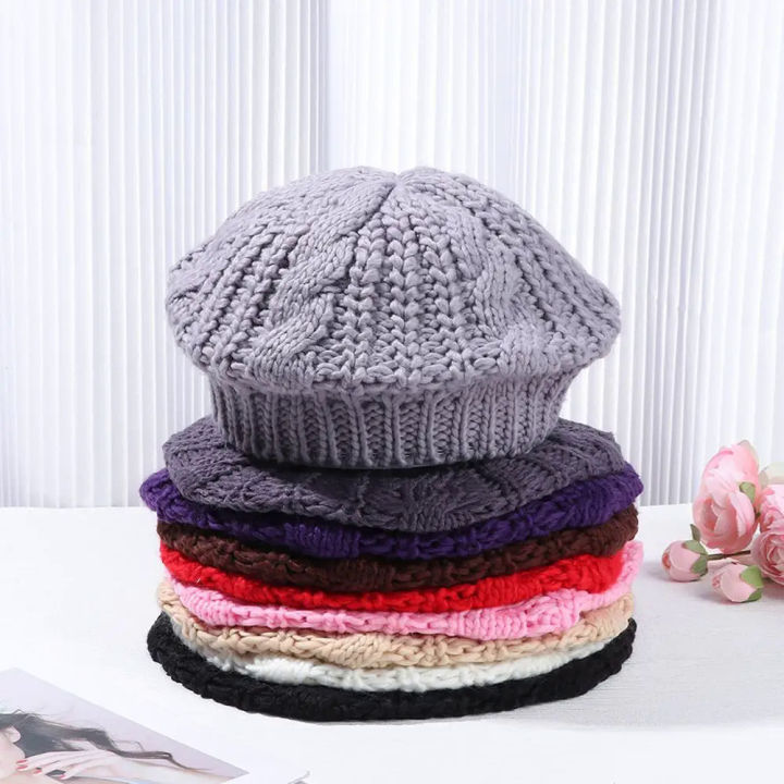 【selevn roind】Winter Warm Vintage Ribbed French Artist Cap Painter Hat Knitted Cap Beret Hat