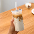 400ml Square Heat Resistant Coffee Glass Cup With Lid And Straw Transparent Milk Tea Juice Cups Coffee Mug Home Bar Drinkware. 