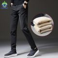 Winter Men's Warm Casual Pants Business Fashion Slim Fit Stretch Thicken Gray Blue Black Cotton Trousers Male.