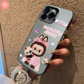 Luxury Trendy Brand Cute Sweet Pop Mart Labubu Casing Compatible for IPhone 13 15 11 14 12 Pro Max 7Plus XR XS X Max 15 8 7 14 Plus SE 2020 Cartoon Couples Plating Metal Lens Case.