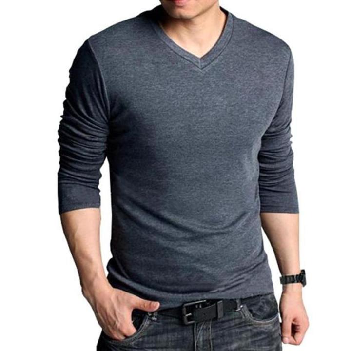 cotton full sleeve deep grey v-neck t-shirt for men | Daraz.com.bd