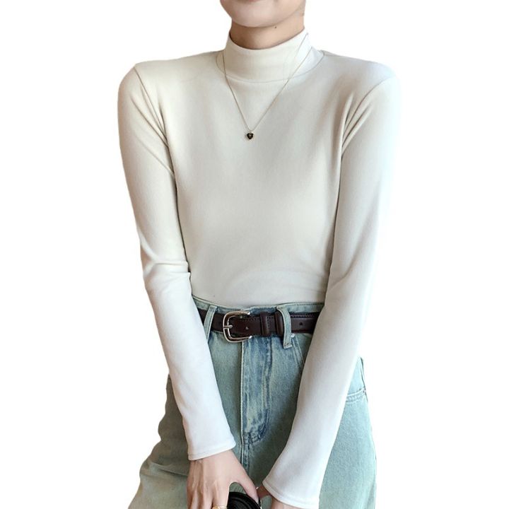 Half%20Turtleneck%20Double-Sided%20Dralon%20Bottoming%20Shirt%20Women's%20Autumn%20and%20Winter%20Western%20Style%20Inner%20Wear%20Solid%20Color%20with%20Fur%20Thick%20Warm%20Long%20Sleeves%20Top%20-%20Image%205