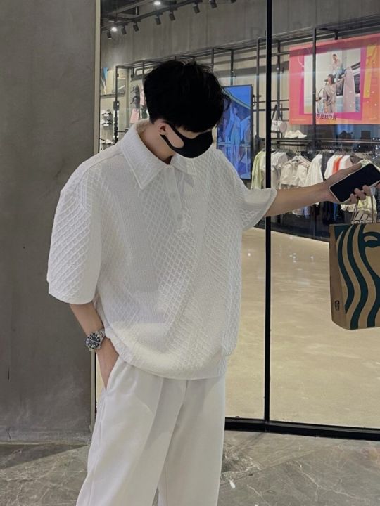 【Alien Alien】 2023 Summer New Waffle Short Sleeve Polo Shirt Men Lapel Casual Loose Solid Color Lapel Button Up Designer Polo T Shirt for Male